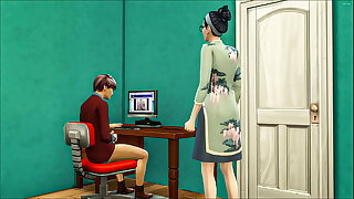 Asian stepmom catches her stepson again masturbating in his room watching a porn movie in the lead of the computer and she decided to help him unconnected with having sexual intercourse with him
