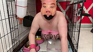 Fuckpig porn justafilthycunt humiliating debasement pig pissing caged piss drinking and eating from bowls